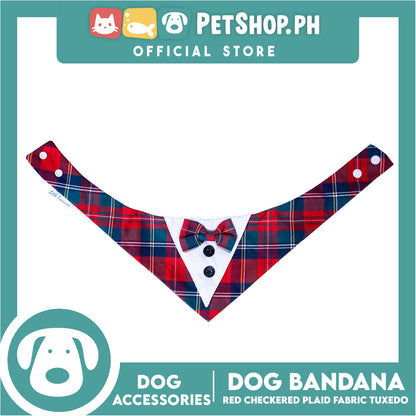 Dog Pet Bandana (Extra Small) Red Checkered Plaid Fabric Tuxedo Design Washable Scarf