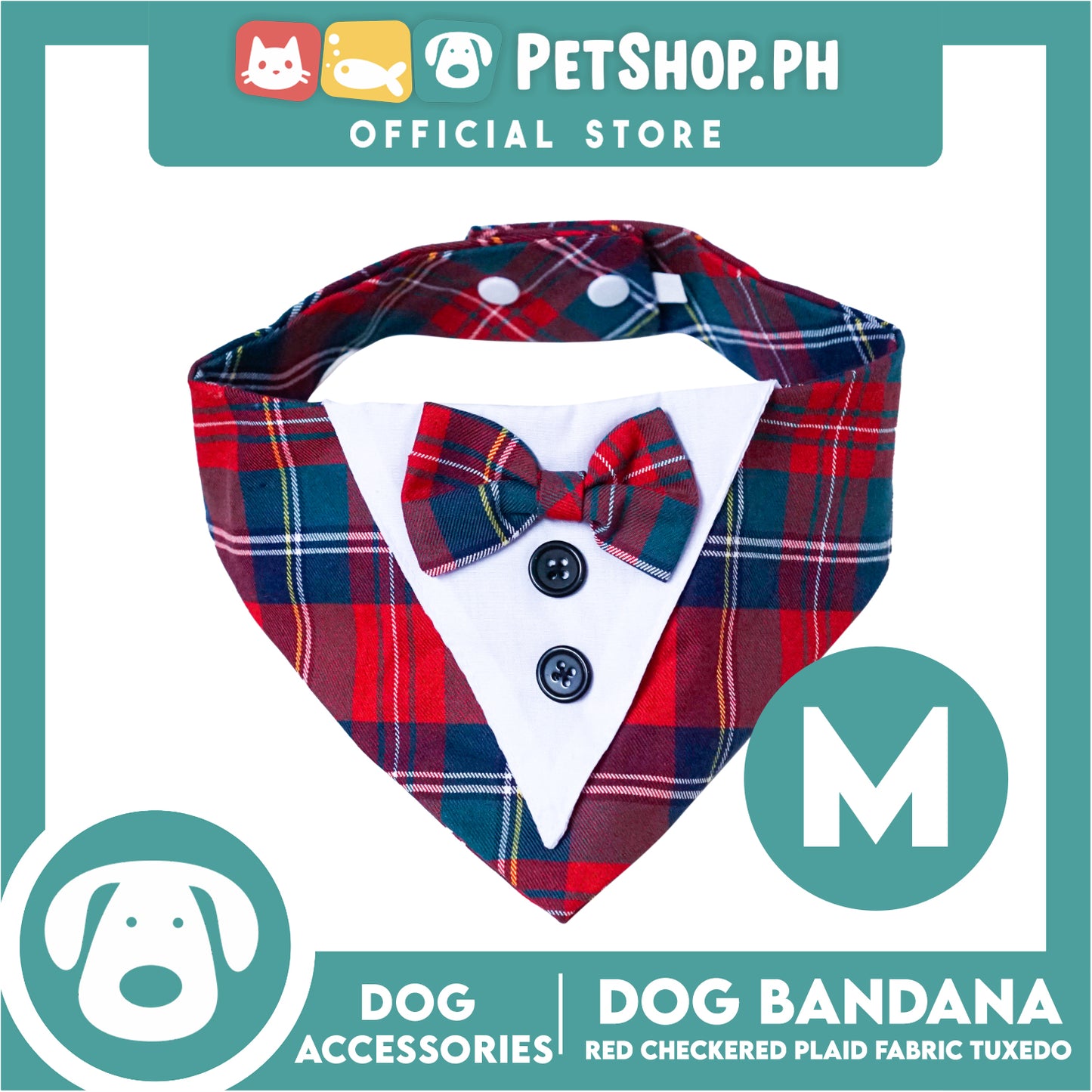 Dog Pet Bandana (Medium) Red Checkered Plaid Fabric Tuxedo Design Washable Scarf
