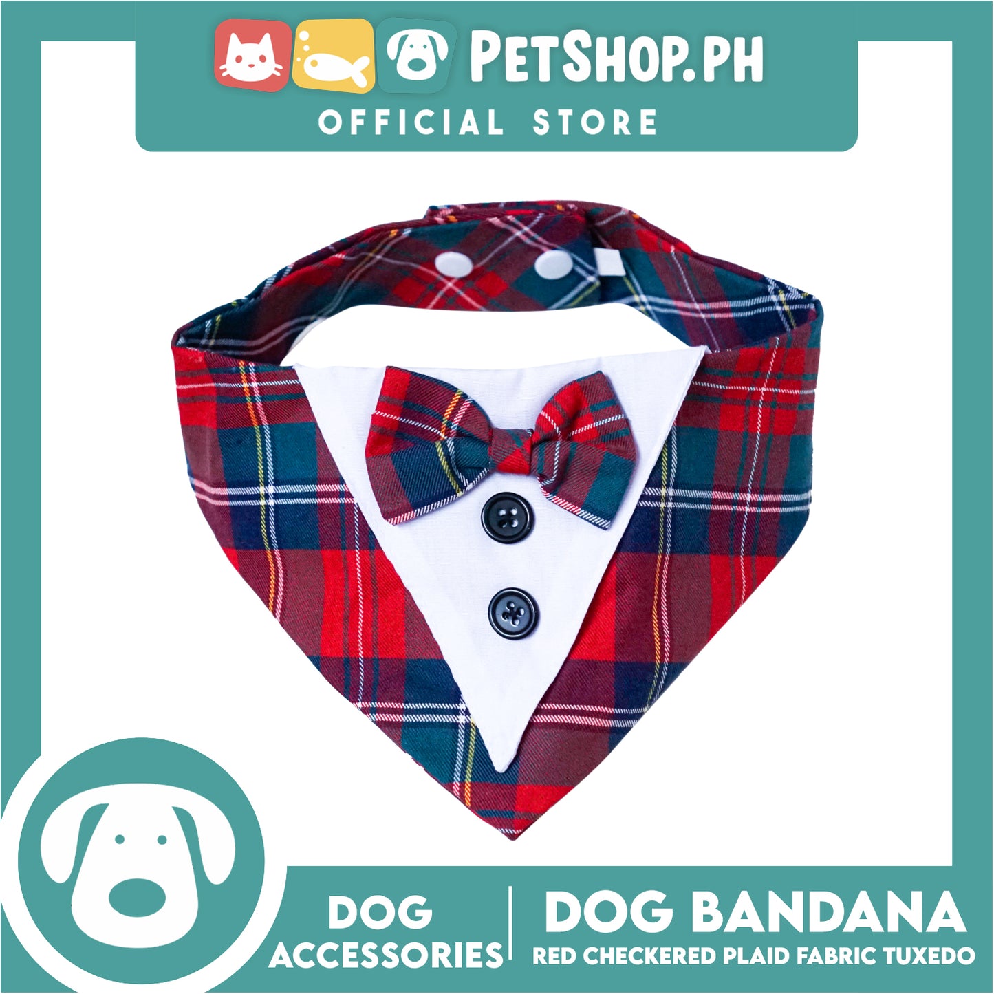 Dog Pet Bandana (Medium) Red Checkered Plaid Fabric Tuxedo Design Washable Scarf