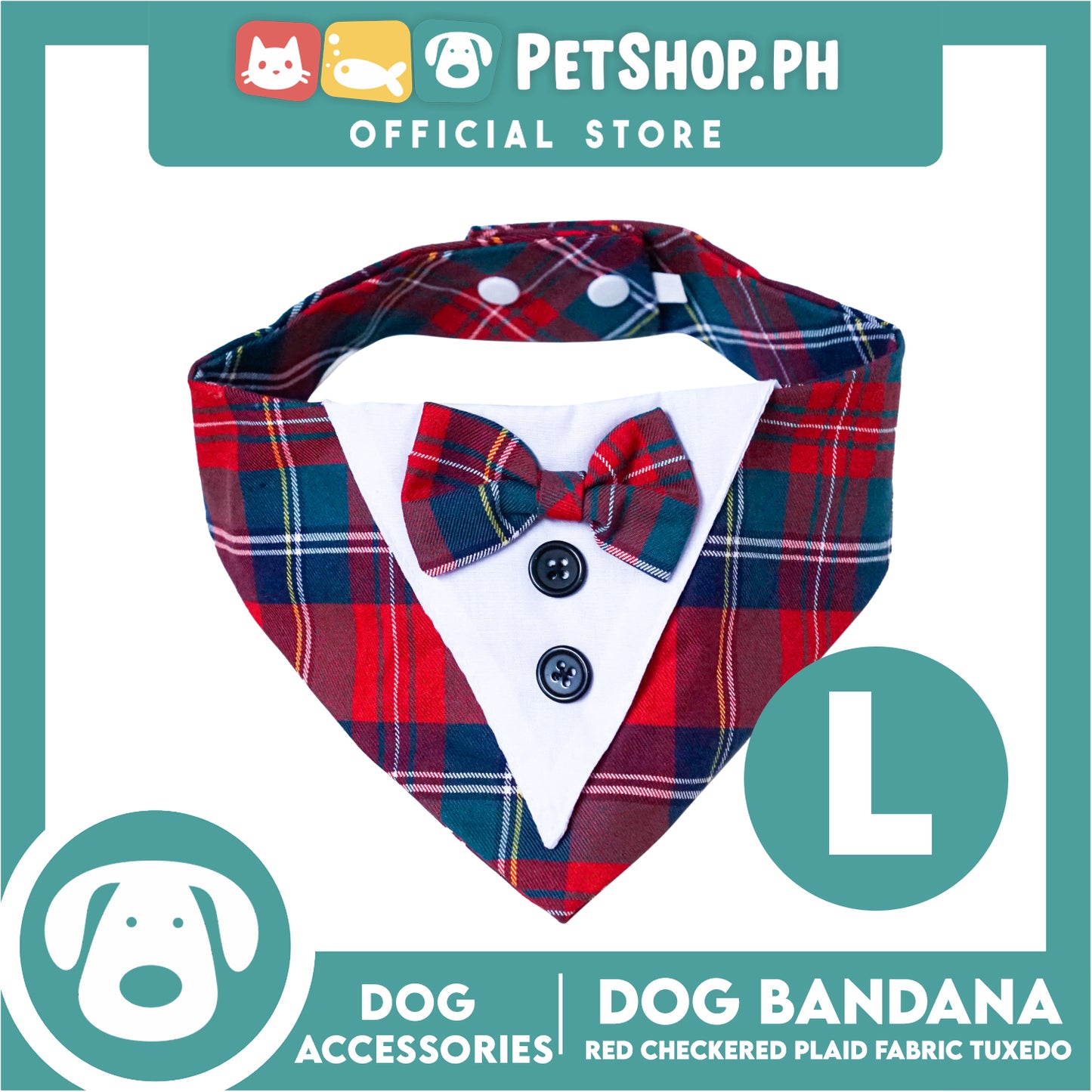 Dog Pet Bandana (Large) Red Checkered Plaid Fabric Tuxedo Design Washable Scarf