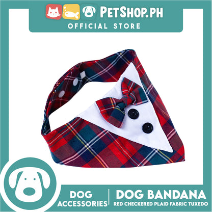 Dog Pet Bandana (Large) Red Checkered Plaid Fabric Tuxedo Design Washable Scarf