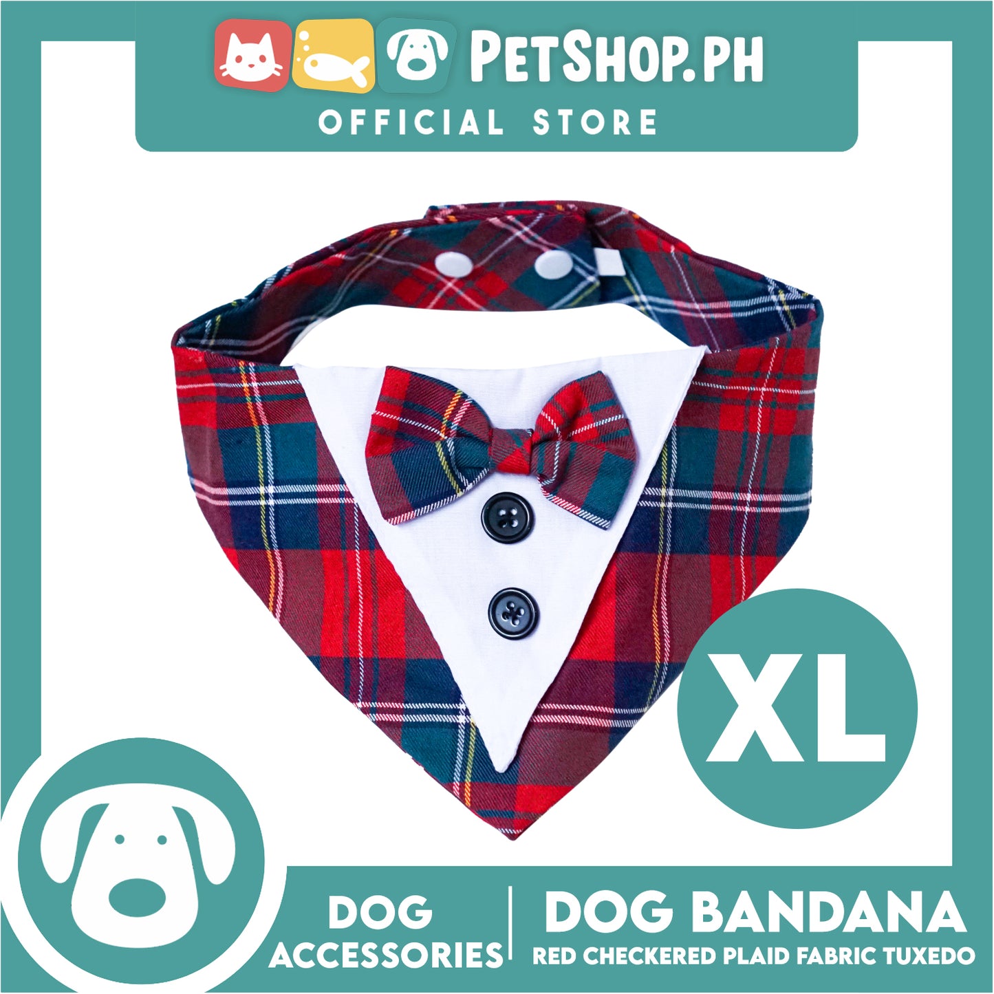 Dog Pet Bandana (Extra Large) Red Checkered Plaid Fabric Tuxedo Design Washable Scarf