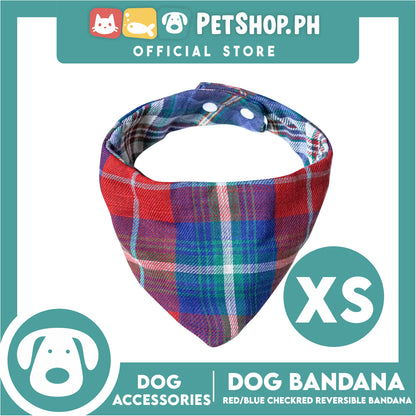 Dog Pet Bandana (Extra Small) Reversible Red and Blue Checkered Design Washable Scarf