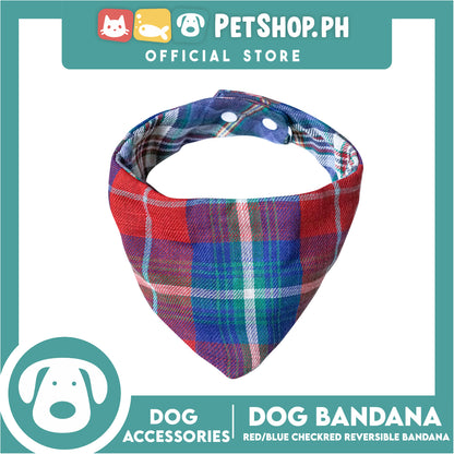 Dog Pet Bandana (Extra Small) Reversible Red and Blue Checkered Design Washable Scarf