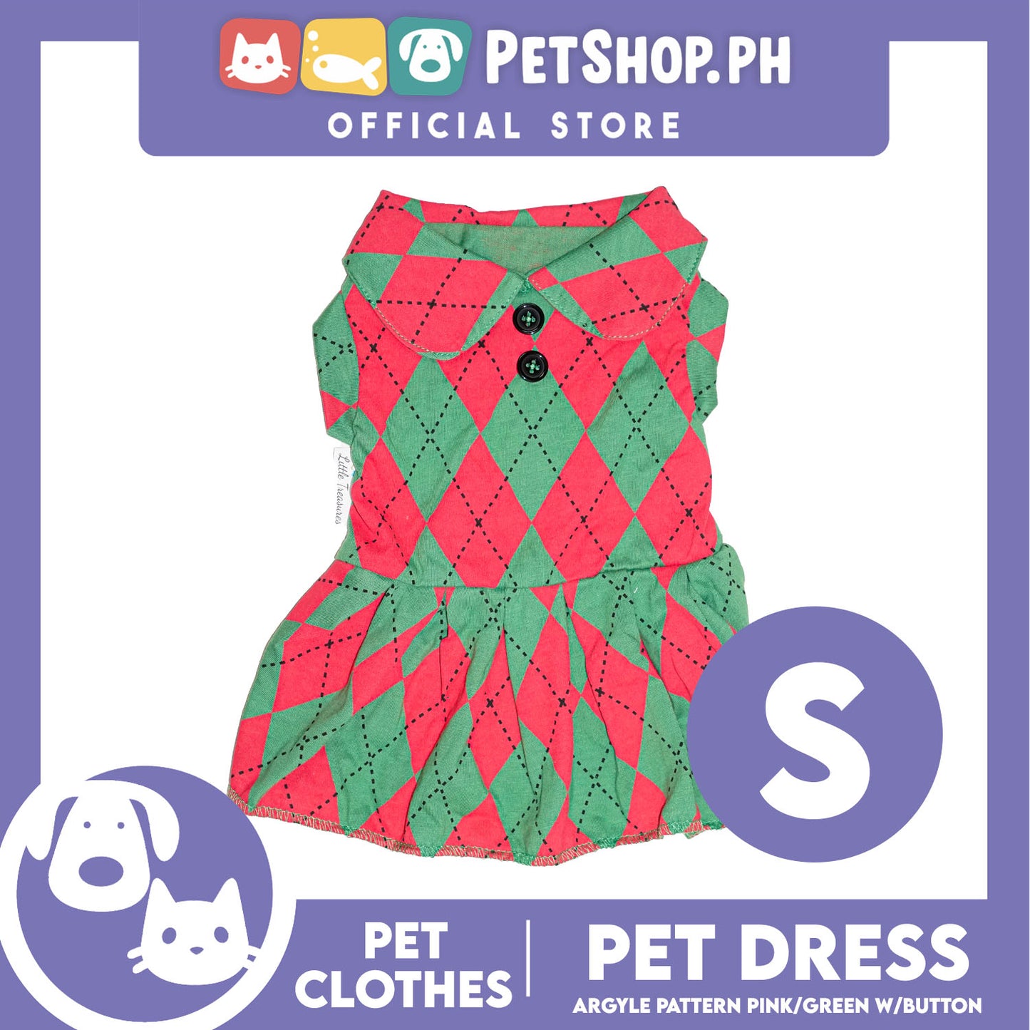 Pet Dress Argyle Pink/Green with Button Dress (Small) Perfect Fit for Dogs and Cats