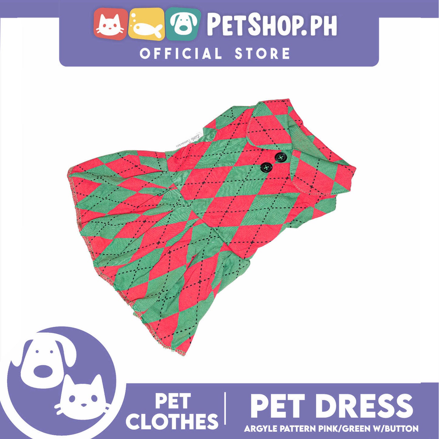 Pet Dress Argyle Pink/Green with Button Dress (Medium) Perfect Fit for Dogs and Cats