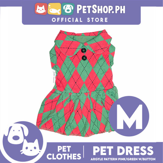 Pet Dress Argyle Pink/Green with Button Dress (Medium) Perfect Fit for Dogs and Cats