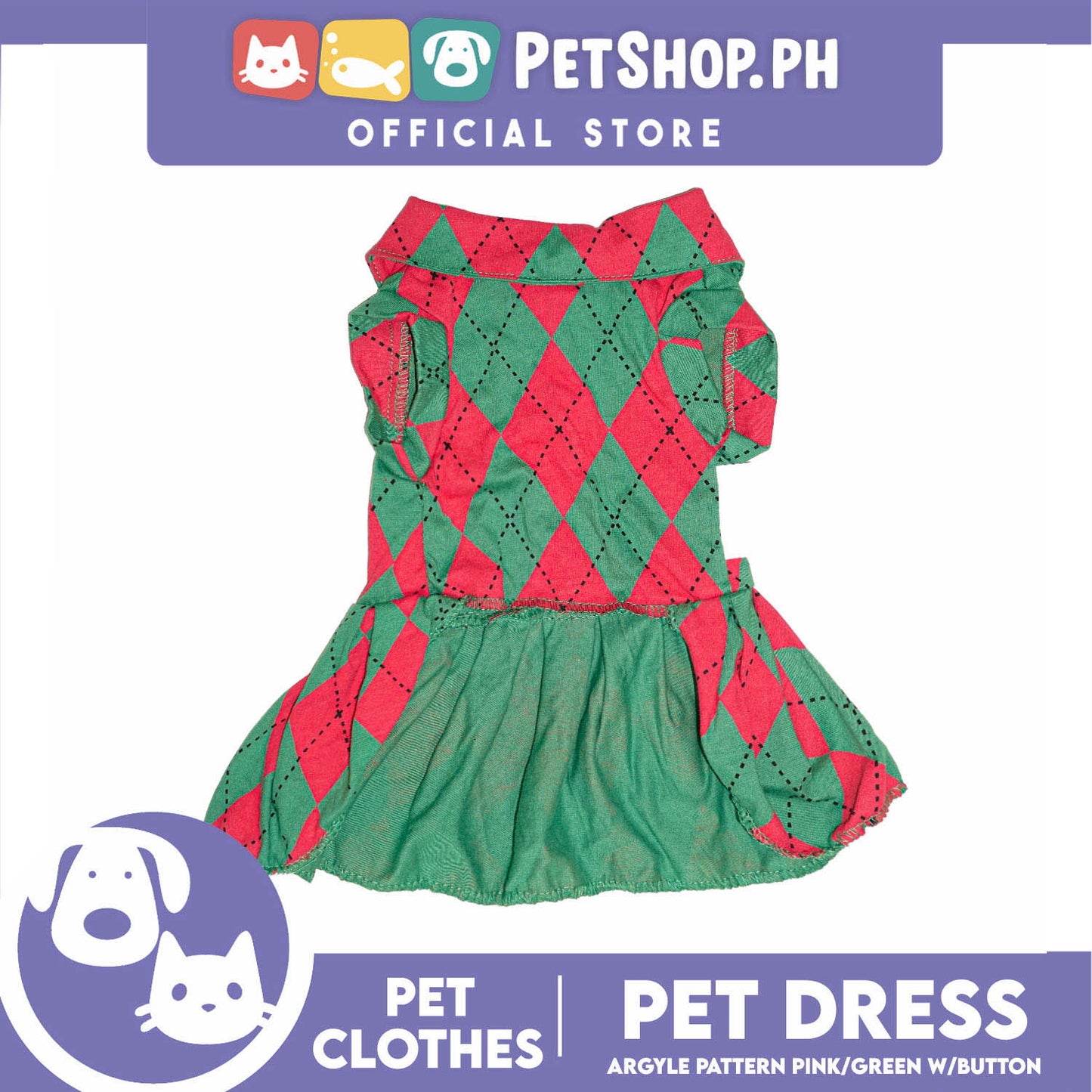 Pet Dress Argyle Pink/Green with Button Dress (Medium) Perfect Fit for Dogs and Cats