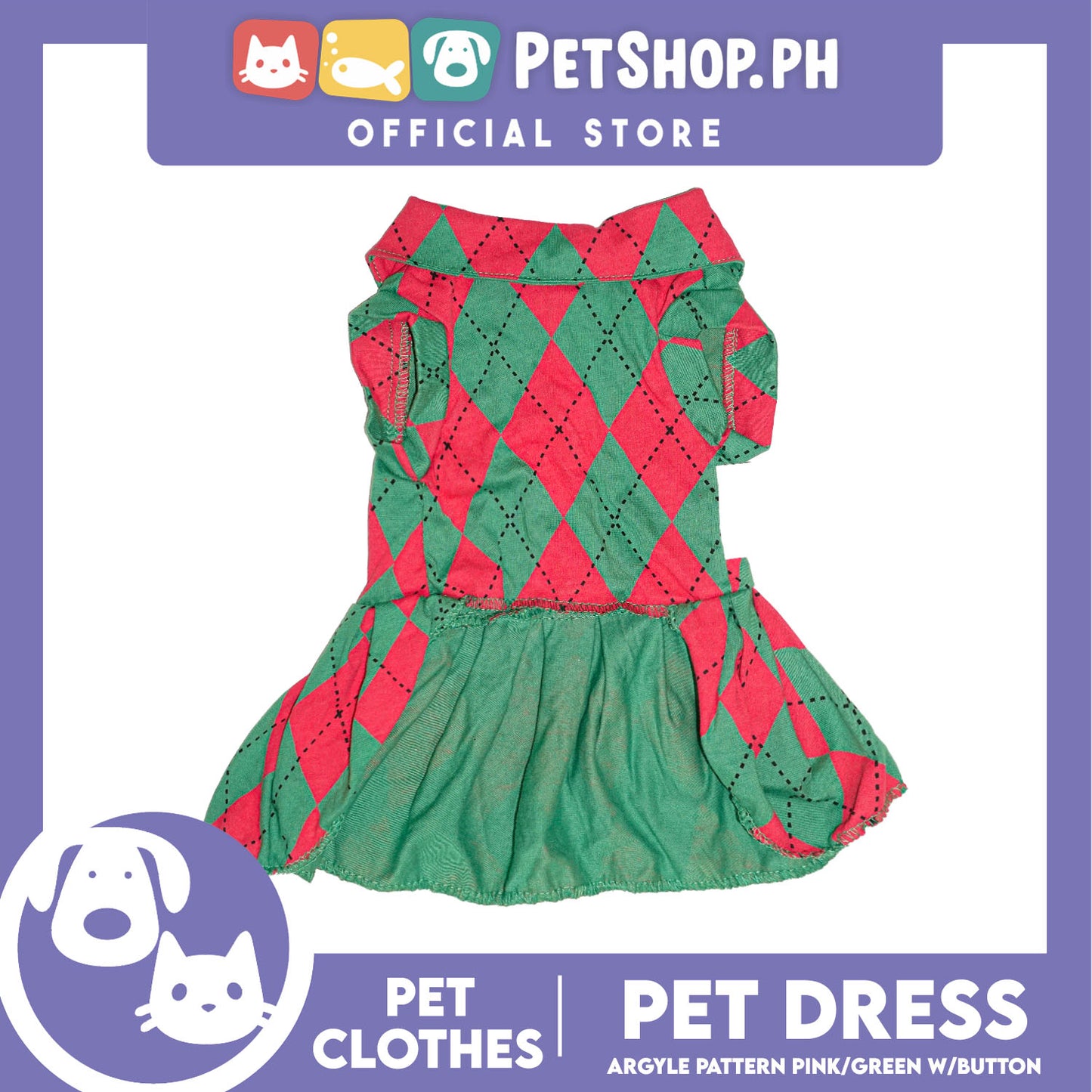 Pet Dress Argyle Pink/Green with Button Dress (Large) Perfect Fit for Dogs and Cats