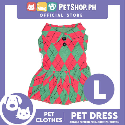Pet Dress Argyle Pink/Green with Button Dress (Large) Perfect Fit for Dogs and Cats