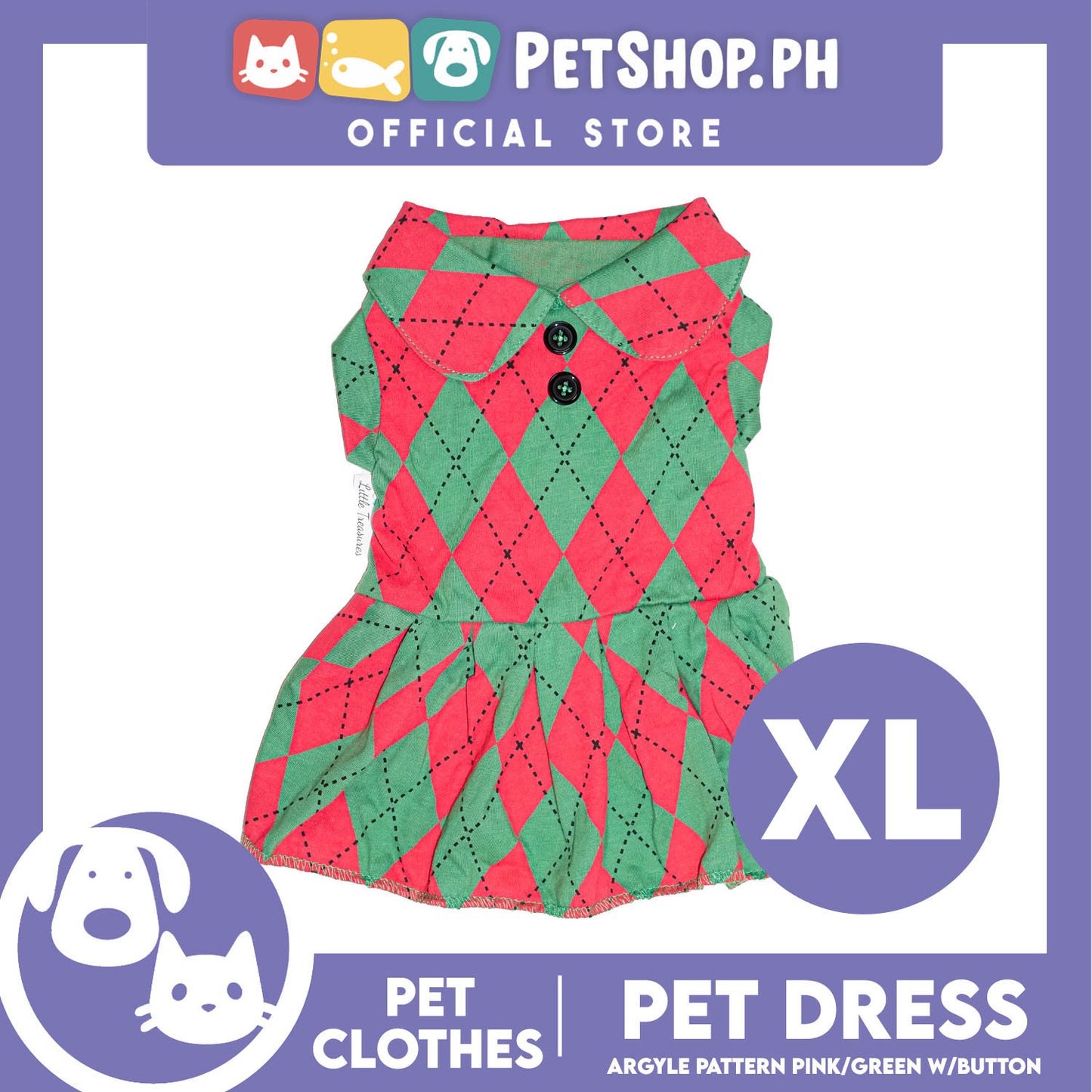 Pet Dress Argyle Pink/Green with Button Dress (Extra Large) Perfect Fit for Dogs and Cats