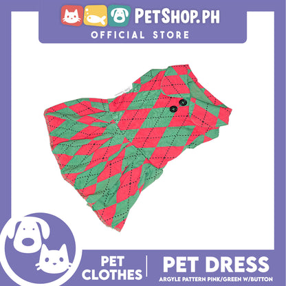 Pet Dress Argyle Pink/Green with Button Dress (Extra Large) Perfect Fit for Dogs and Cats