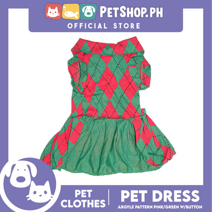 Pet Dress Argyle Pink/Green with Button Dress (Extra Large) Perfect Fit for Dogs and Cats