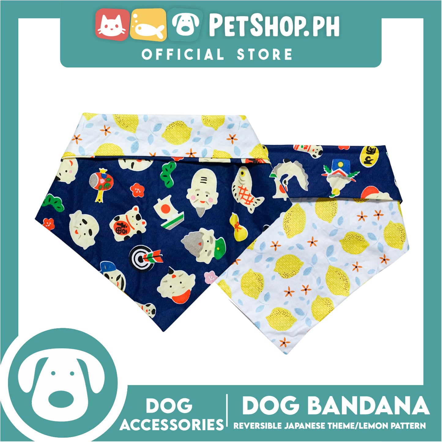 Dog Pet Bandana (Medium) Reversible Japanese Theme/Lemon Pattern Washable Scarf