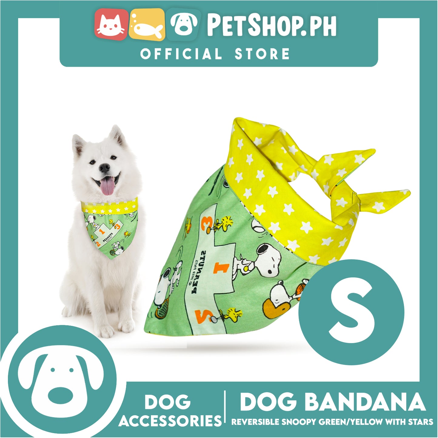 Dog Pet Bandana (Small) Reversible Snoopy Green/Yellow with Stars Washable Scarf