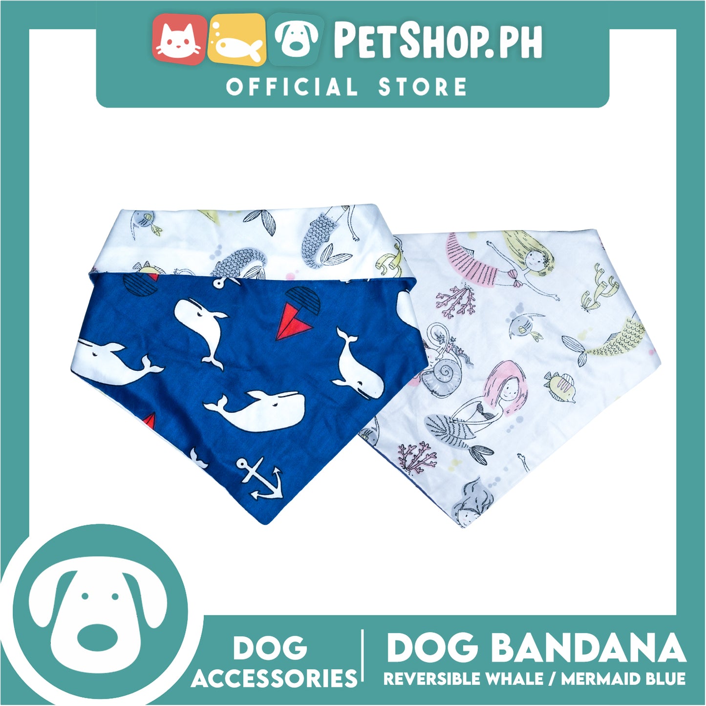 Dog Pet Bandana (Large) Reversible Whale/ Mermaid Blue Washable Scarf
