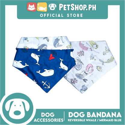Dog Pet Bandana (Large) Reversible Whale/ Mermaid Blue Washable Scarf