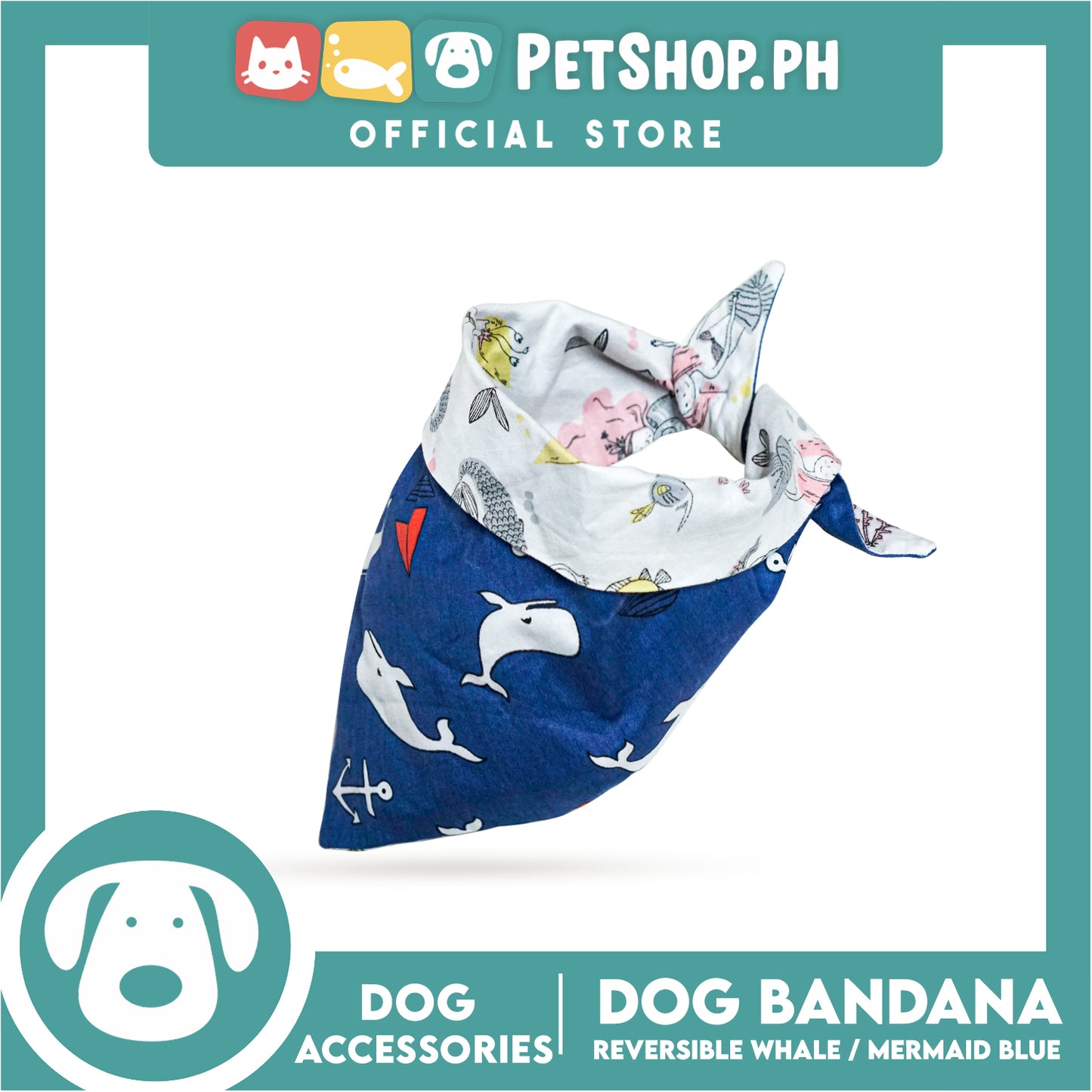 Dog Pet Bandana (Large) Reversible Whale/ Mermaid Blue Washable Scarf