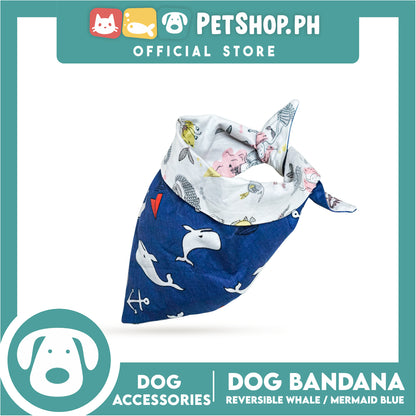 Dog Pet Bandana (Large) Reversible Whale/ Mermaid Blue Washable Scarf