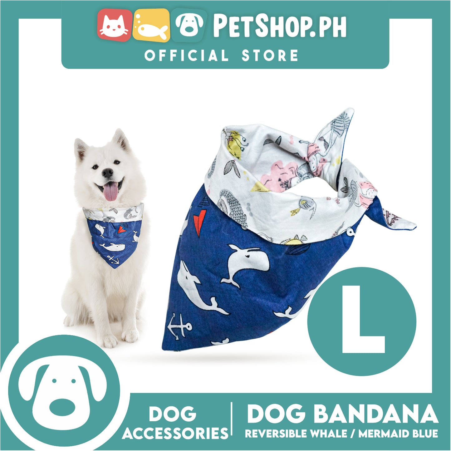Dog Pet Bandana (Large) Reversible Whale/ Mermaid Blue Washable Scarf