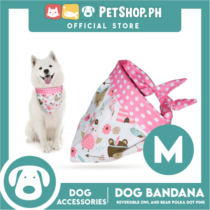 Dog Pet Bandana (Medium) Reversible Owl and Bear Polka Dot Pink Washable Scarf