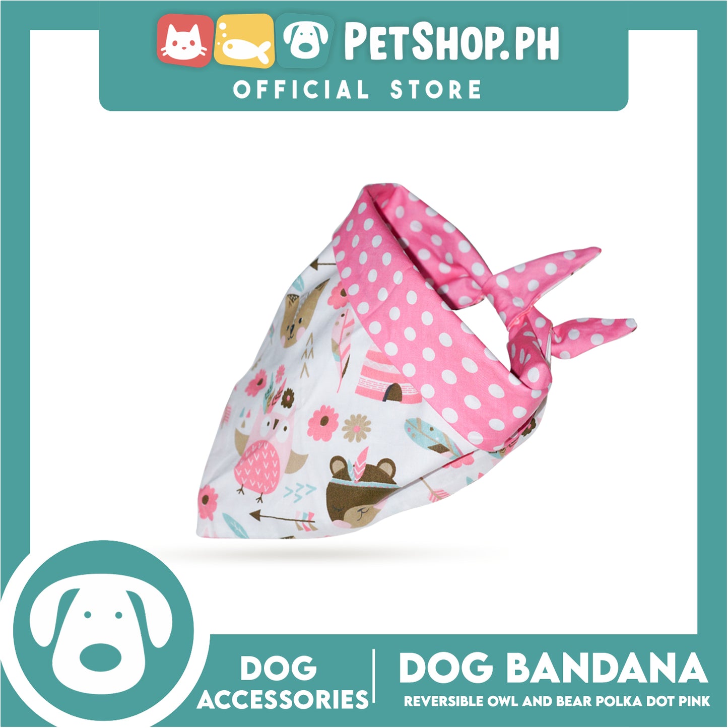 Dog Pet Bandana (Large) Reversible Owl and Bear Polka Dot Pink Washable Scarf