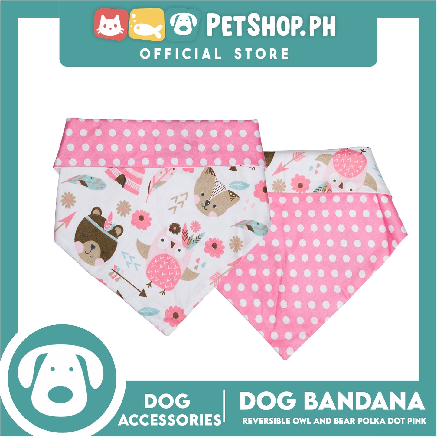 Dog Pet Bandana (Large) Reversible Owl and Bear Polka Dot Pink Washable Scarf