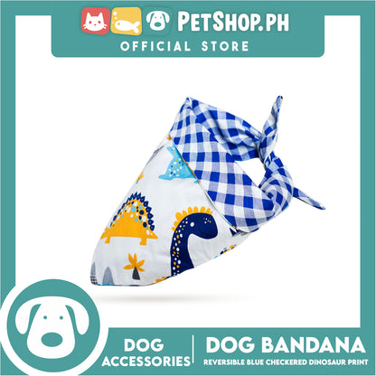 Dog Pet Bandana (Small) Reversible Blue Checkered Dinosaur Print Washable Scarf