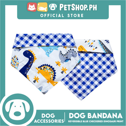Dog Pet Bandana (Small) Reversible Blue Checkered Dinosaur Print Washable Scarf