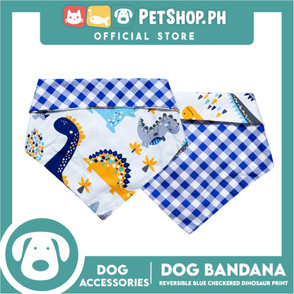 Dog Pet Bandana (Medium) Reversible Blue Checkered Dinosaur Print Washable Scarf