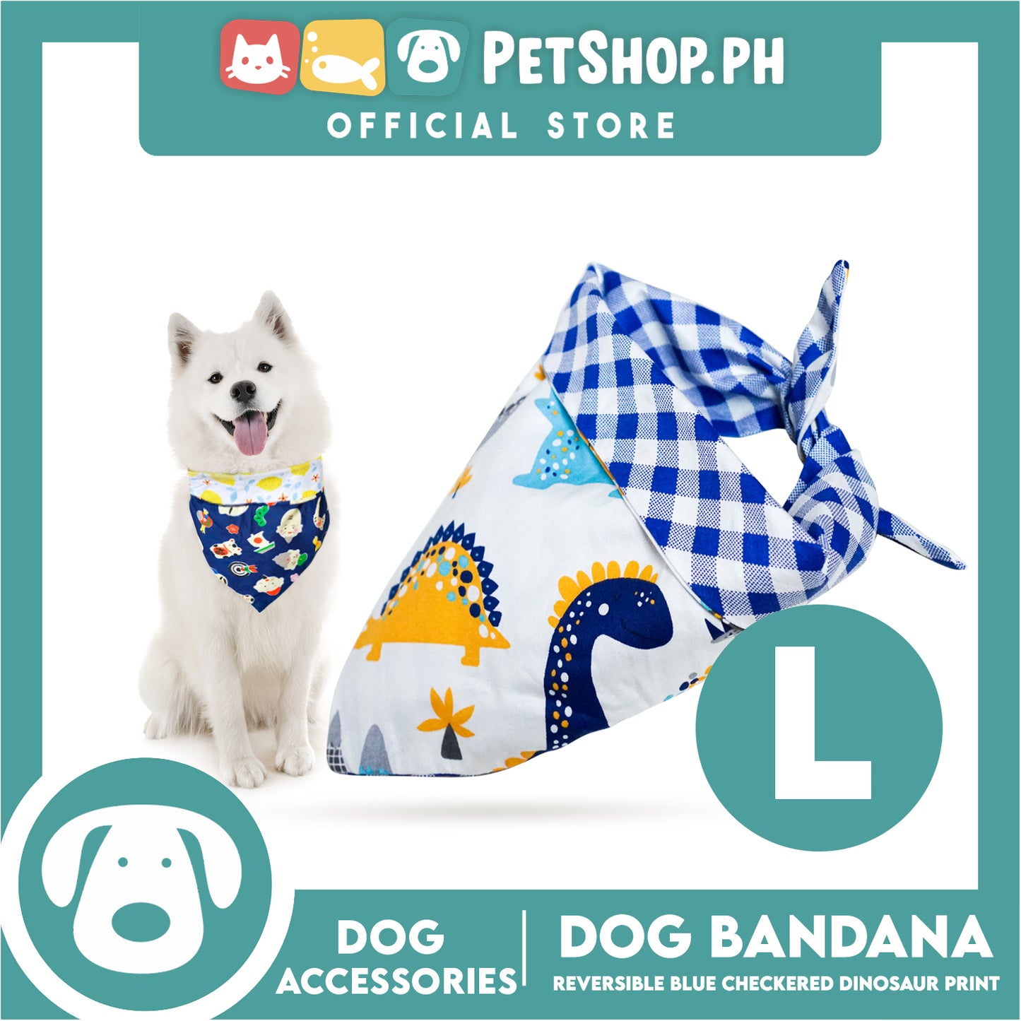 Dog Pet Bandana (Large) Reversible Blue Checkered Dinosaur Print Washable Scarf