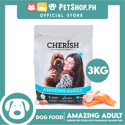 Cherish Nourishing Mind, Body And Spirit Amazing Adult With Tasmanian Salmon 3kg With Blueberries, Cranberries And Chia Seeds For Vitality Dog Food, Dog Dry Food
