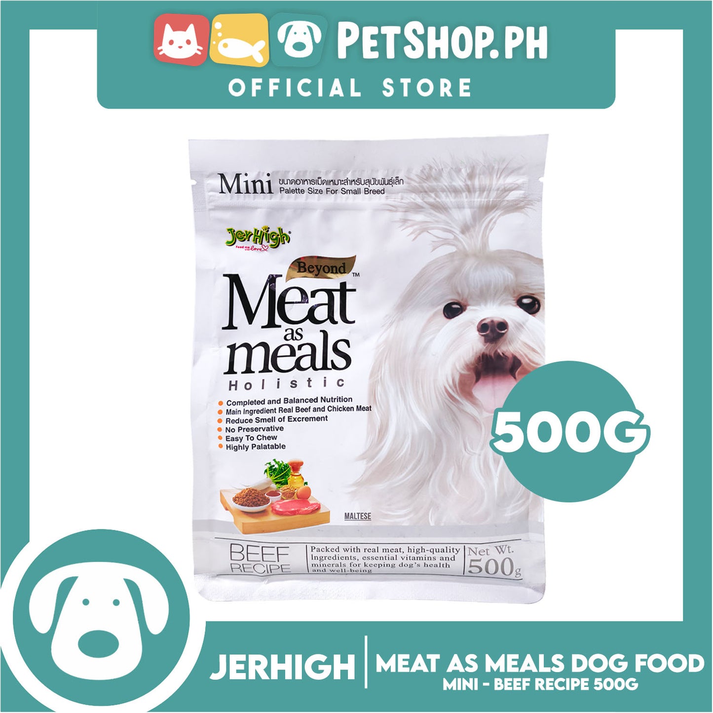 Jerhigh Meat As Meals Holistic, Soft And Tender Semi-Moist Dog Food 500g Mini Palette Size For Small Breed (Beef Recipe Flavor)