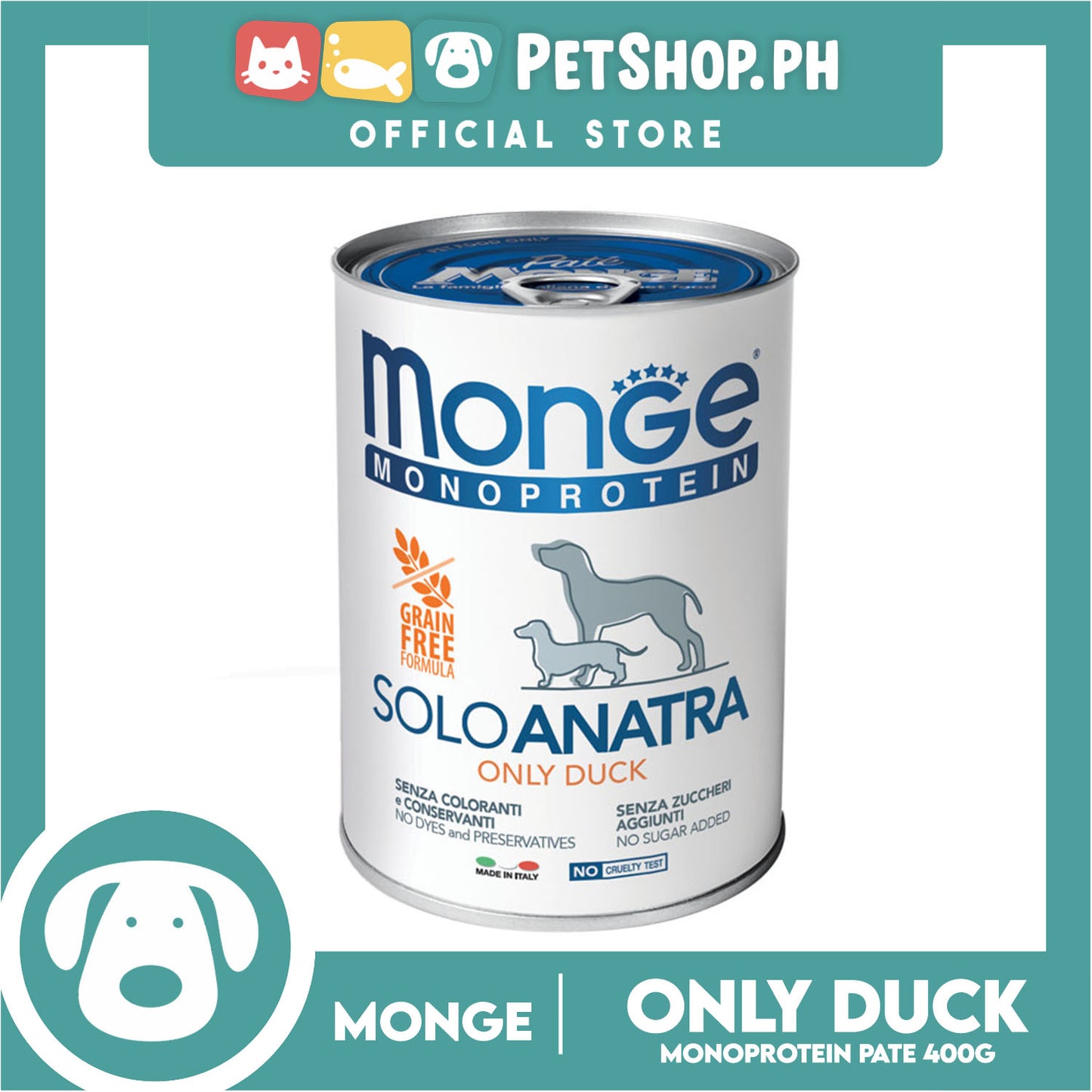 Monge Monoprotein Solo Pate Wet Dog Food, Grain Free 400g (Solo Anatra, Only Duck) For Daily Diet Of All Breeds Puppies Canned Food