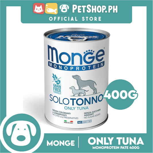 Monge Monoprotein Solo Pate Wet Dog Food, Grain Free 400g (Solo Tonno, Only Tuna) For Daily Diet Of All Breeds Puppies Canned Food