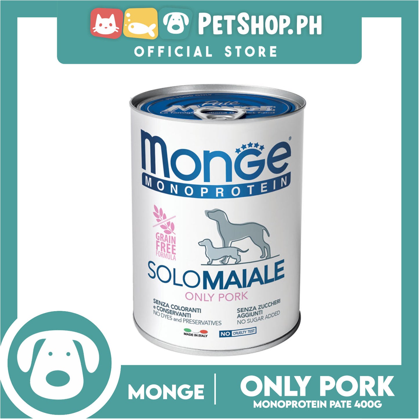 Monge Monoprotein Solo Pate Wet Dog Food, Grain Free 400g (Solo Maiale, Only Pork) For Daily Diet Of All Breeds Puppies Canned Food