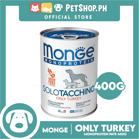 Monge Monoprotein Solo Pate Wet Dog Food, Grain Free 400g (Solo Tachinno, Only Turkey) For Daily Diet Of All Breeds Puppies Canned Food