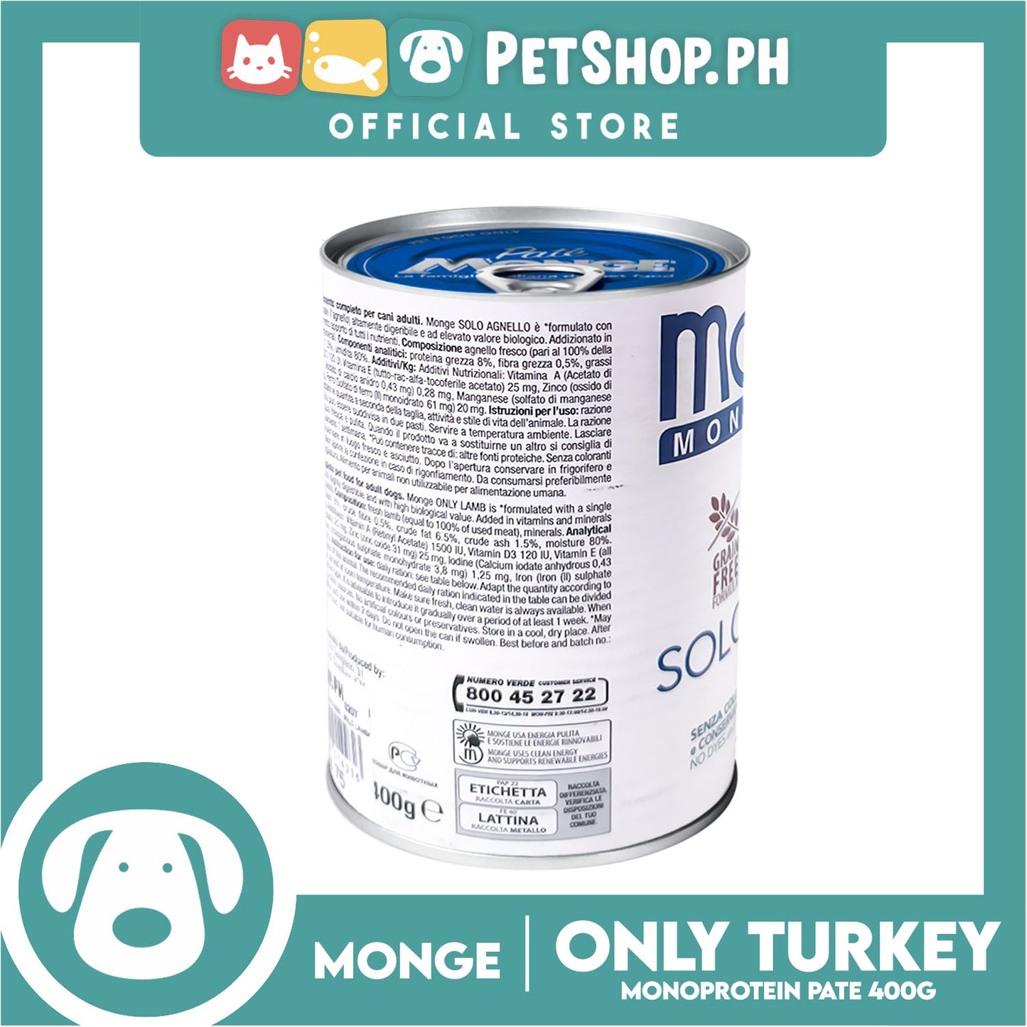 Monge Monoprotein Solo Pate Wet Dog Food, Grain Free 400g (Solo Tachinno, Only Turkey) For Daily Diet Of All Breeds Puppies Canned Food