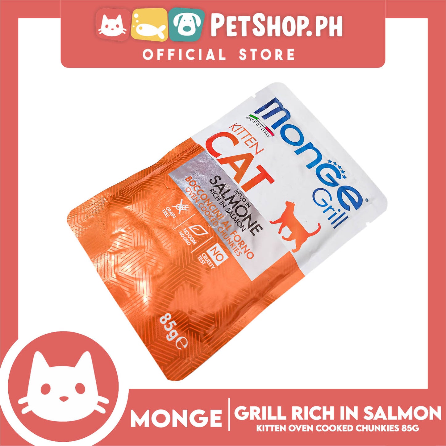 Monge Jelly Cat Pouch Grill For Kitten Cats 85g (Salmone, Rich In Salmon) Cat Wet Food, Cat Pouch Food