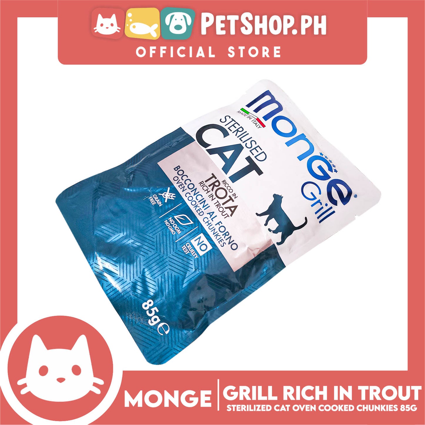 Monge Jelly Cat Pouch Grill For Sterilised Cats 85g (Trota, Rich In Trout) Cat Wet Food, Cat Pouch Food