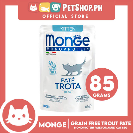 Monge Monoprotein Pate Wet Cat Food In Pouch For Kitten, Grain Free 85g (Pate Trota, Trout)