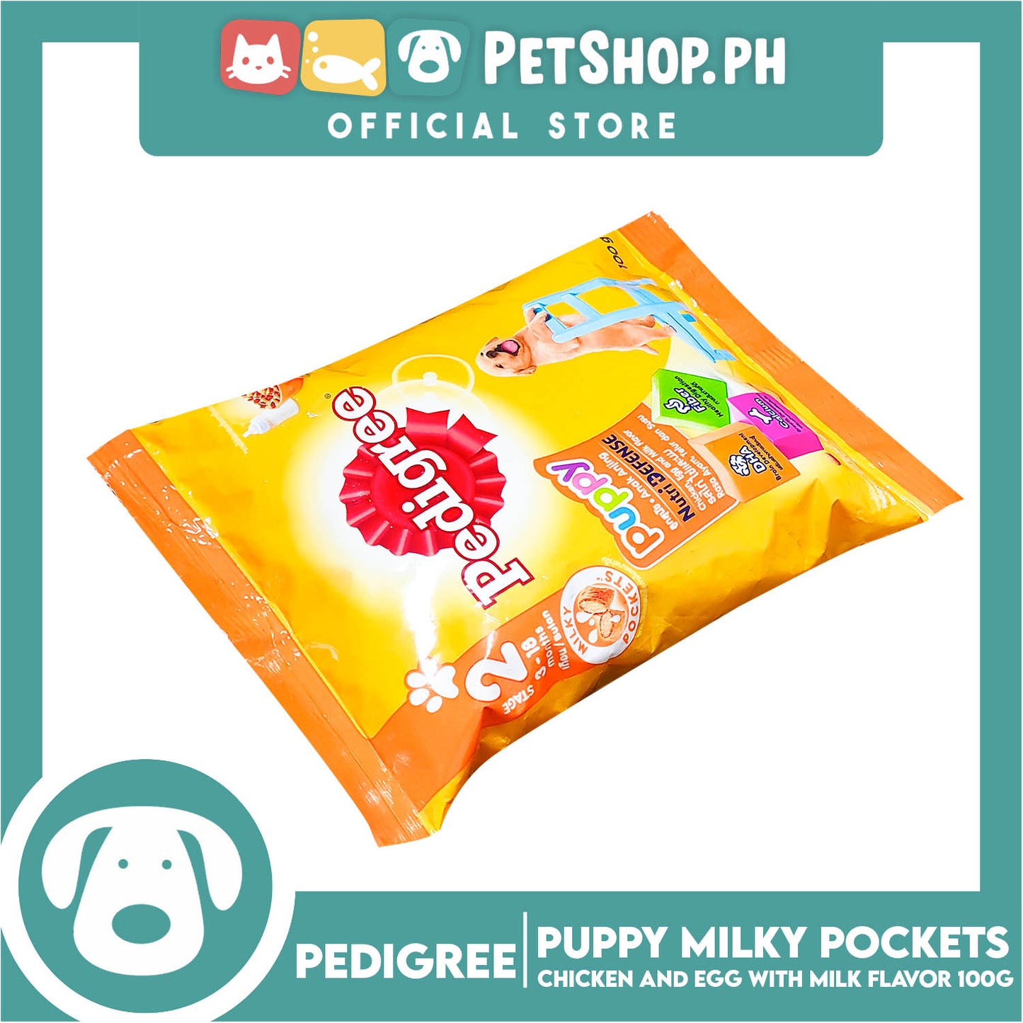 12pcs Pedigree Nutri Defense For Puppy Chicken, Egg And Milk Flavor 100g (Stage 2 For 3-18 Months) Milky Pockets, Dog Dry Food