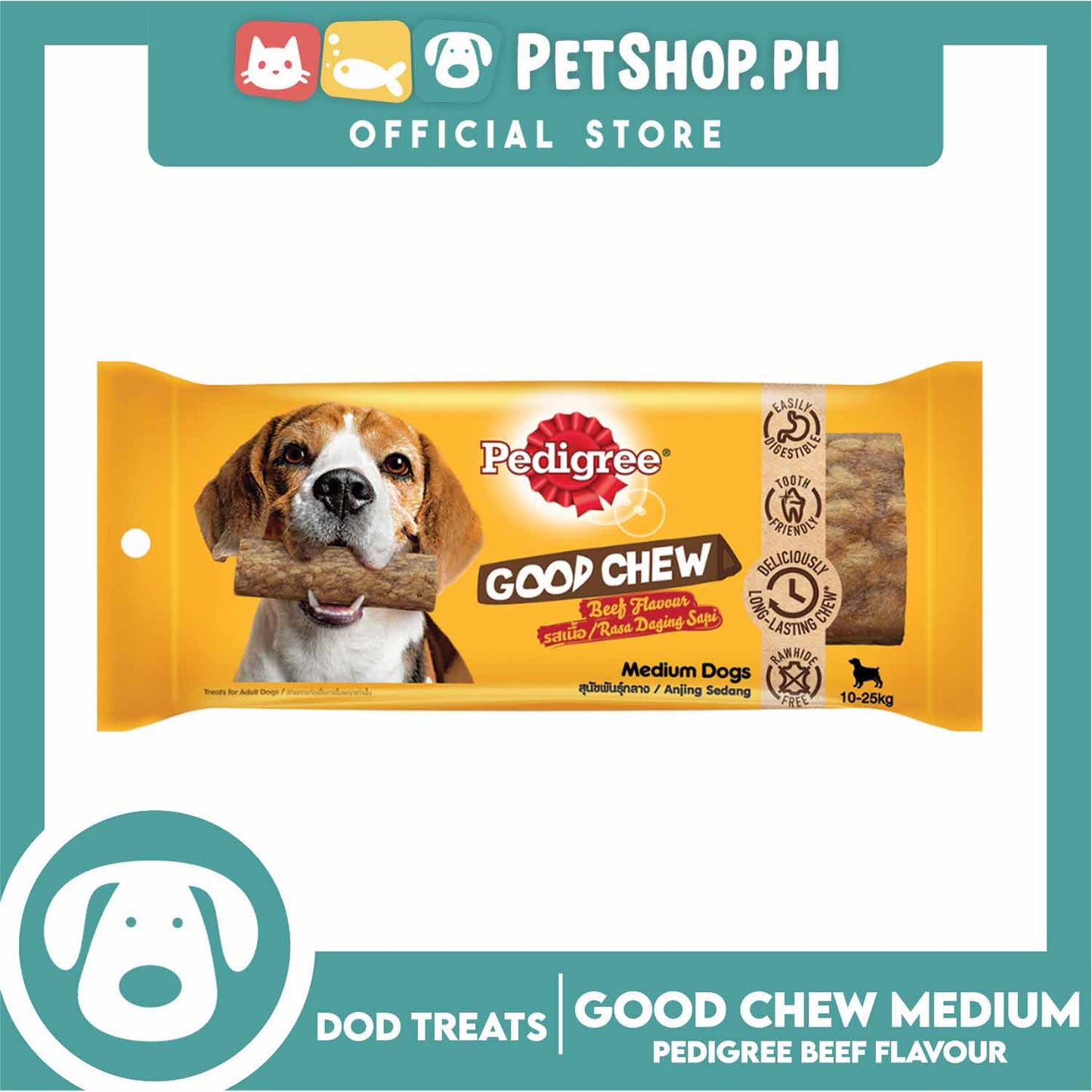 Pedigree Good Chew For Medium Dogs 10-25kg (Beef Flavor) Easily Digestible, Tooth Friendly, Deliciously Long Lasting Chew, Rawhide Free, Dog Chews, Dental Treats