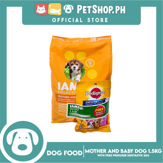 IAMS Pro-Active Health, Mother And Baby Dog Complete And Balanced Nutrition For Pregnancy, Lactation And Growth 1.5kg (Chicken) Premium Dog Food, Dog Dry Food With Free Pedigree Dentastix Puppy 7 Sticks For 4-12 Months