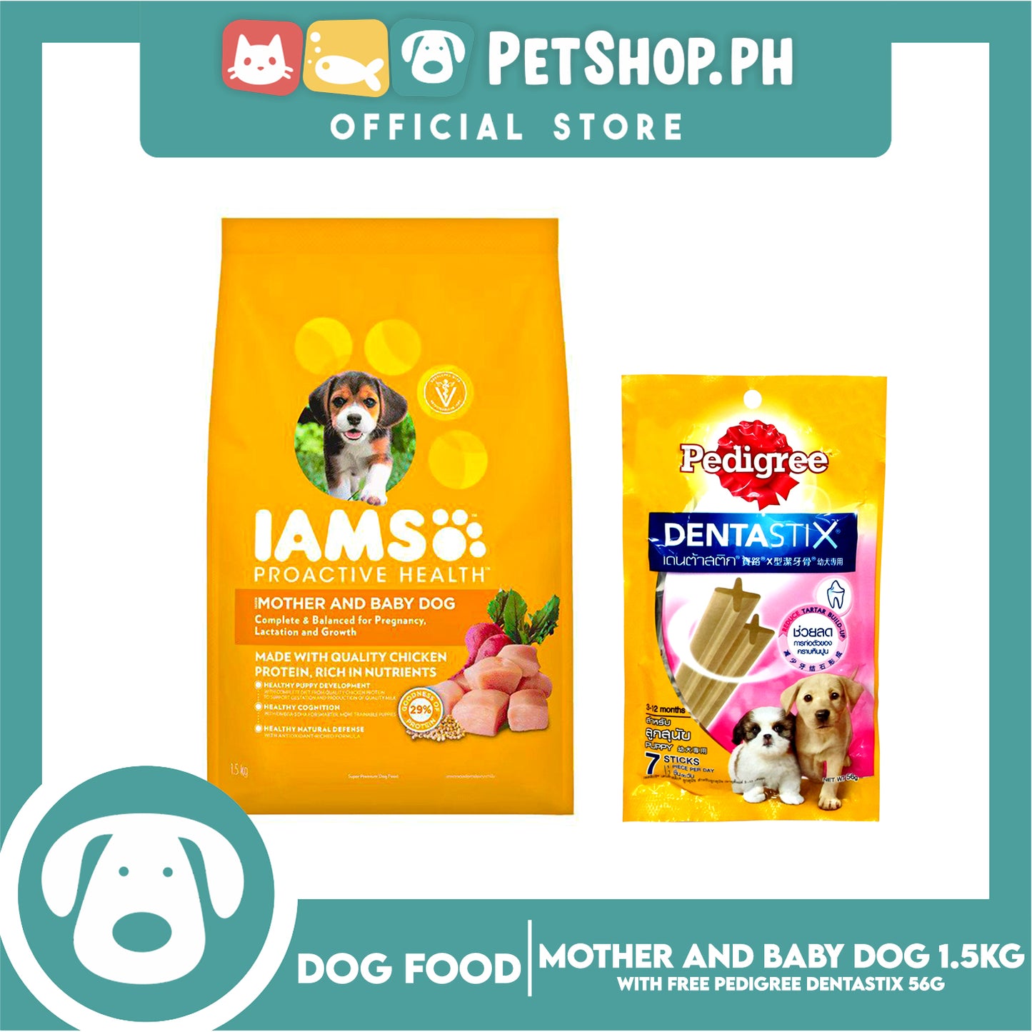 IAMS Pro-Active Health, Mother And Baby Dog Complete And Balanced Nutrition For Pregnancy, Lactation And Growth 1.5kg (Chicken) Premium Dog Food, Dog Dry Food With Free Pedigree Dentastix Puppy 7 Sticks For 4-12 Months