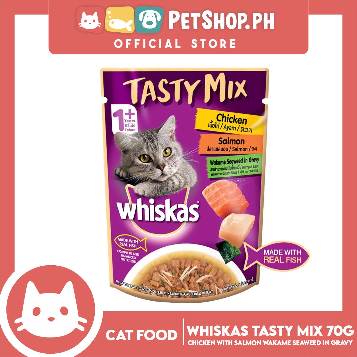 Whiskas Tasty Mix For Adult 1+ Year Cat Food 70g (Chicken Salmon Wakame Seaweed In Gravy) Cat Wet Food, Cat Pouch Food