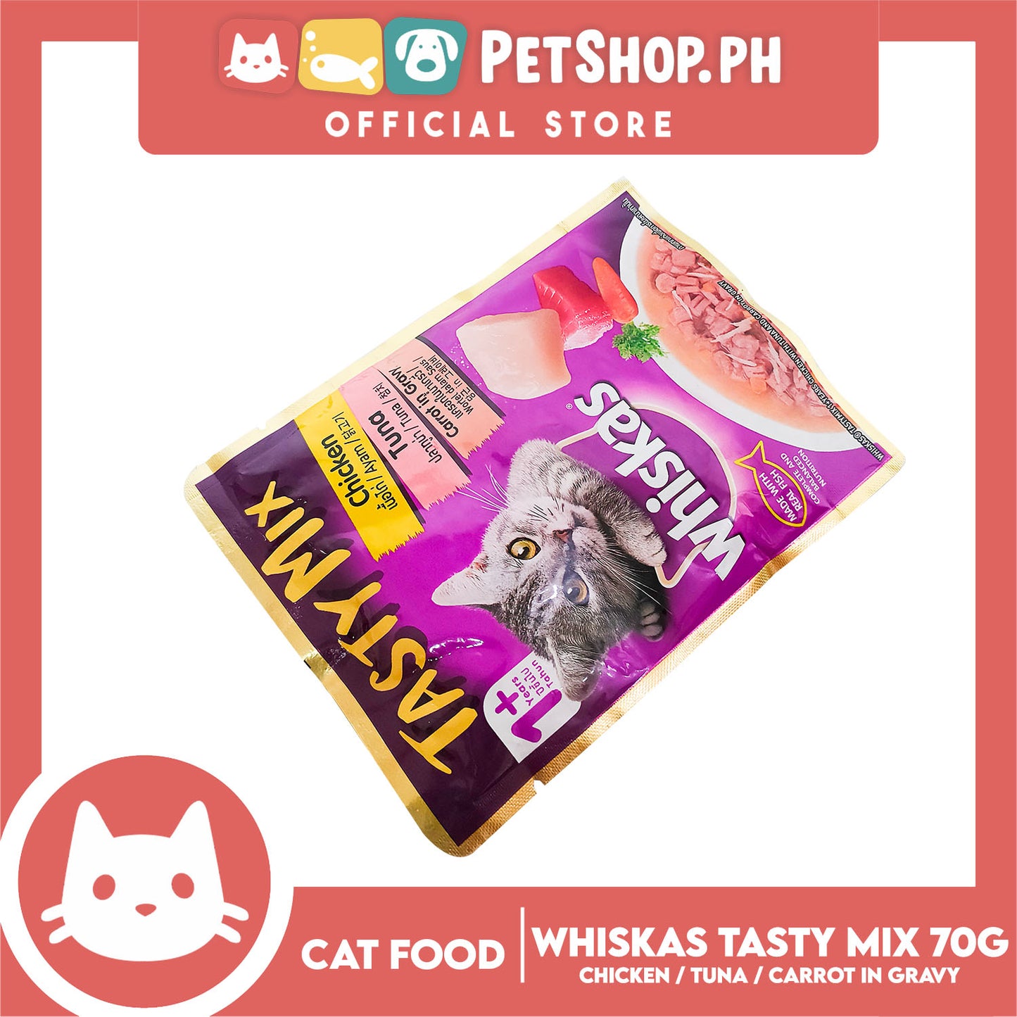 Whiskas Tasty Mix For Adult 1+ Year Cat Food 70g (Chicken Tuna Carrot In Gravy) Cat Wet Food, Cat Pouch Food