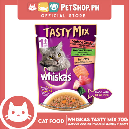 Whiskas Tasty Mix For Adult 1+ Year Cat Food 70g (Seafood Cocktail Wakame Seaweed In Gravy) Cat Wet Food, Cat Pouch Food