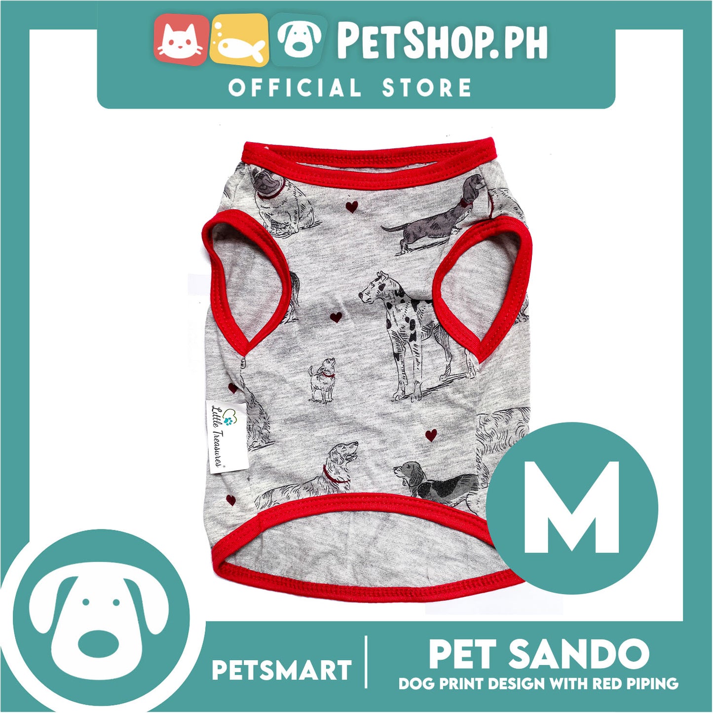 Pet Sando Dog Print Design With Red Piping, Gray Color DG-CTN107M (Medium) Perfect Fit For Dogs, Breathable Clothes, Soft Lightweight Pet Clothing