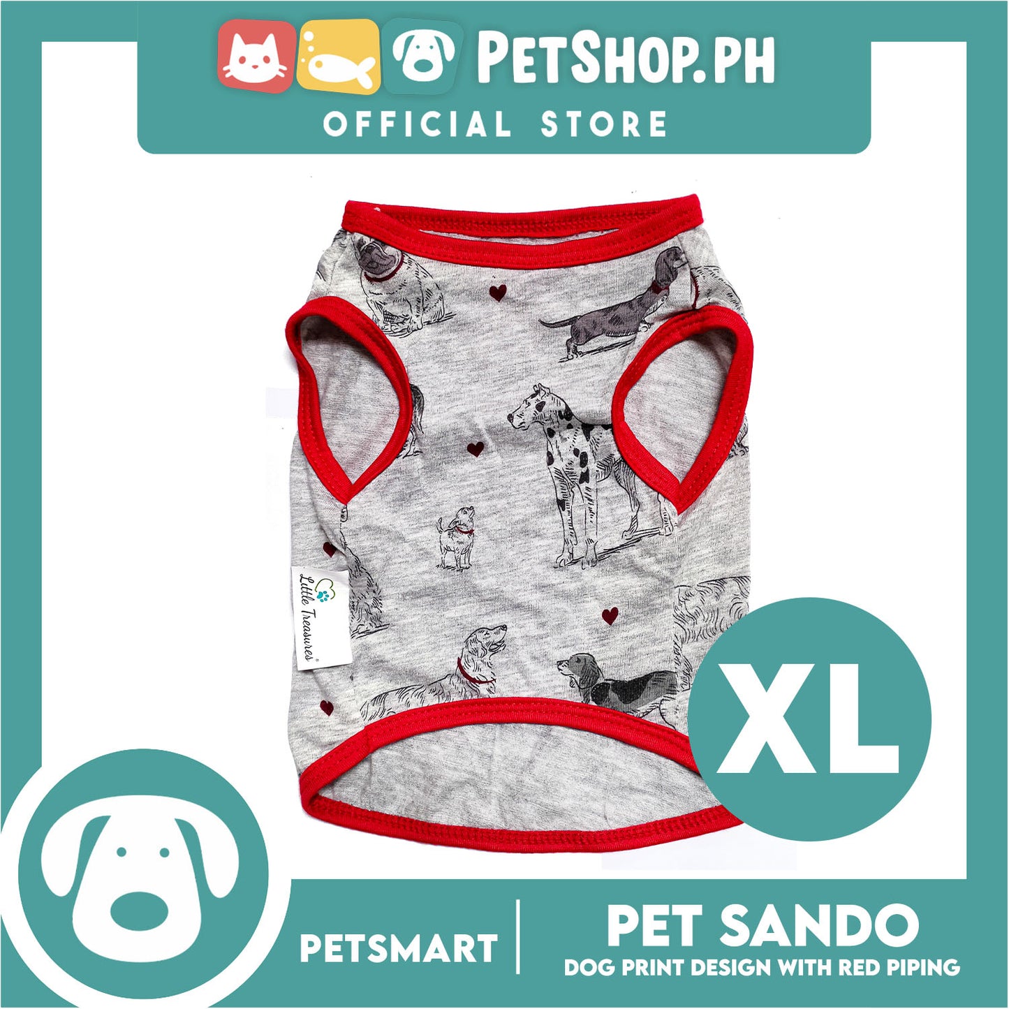 Pet Sando Dog Print Design With Red Piping, Gray Color DG-CTN107XL (XL) Perfect Fit For Dogs, Breathable Clothes, Soft Lightweight Pet Clothing